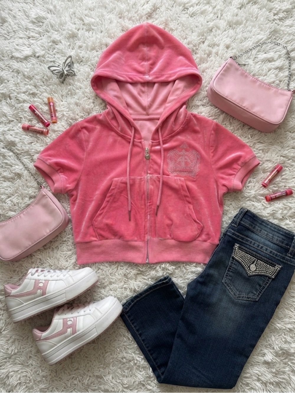 Pink Velour Short-Sleeve Cropped Zip Hoodie